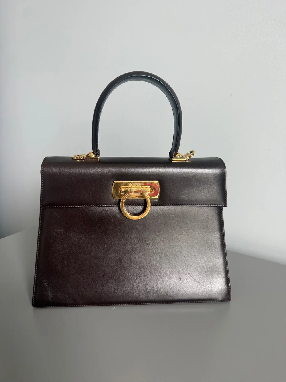 Vintage Salvatore Ferragamo Gancini 0212181 Brown Leather Top Handle Bag